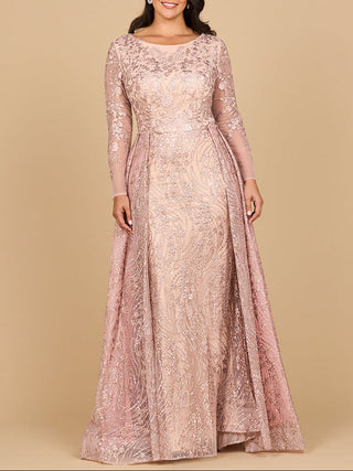 Long Sleeve Gown with Overskirt & Illusion Neckline - Glamourous Grace