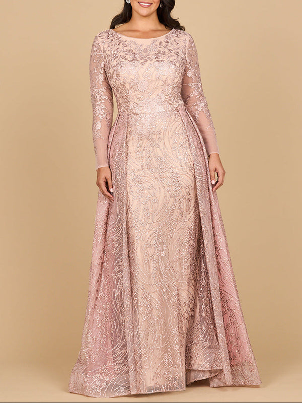 Long Sleeve Gown with Overskirt & Illusion Neckline - Glamourous Grace