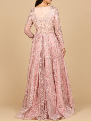 Long Sleeve Gown with Overskirt & Illusion Neckline - Glamourous Grace LLC