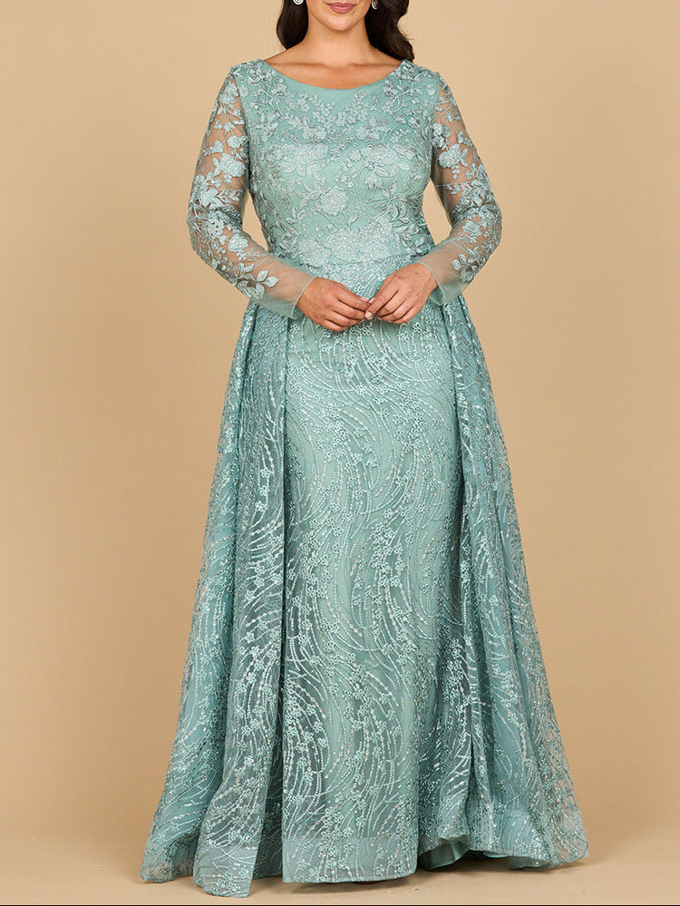 Long Sleeve Gown with Overskirt & Illusion Neckline - Glamourous Grace LLC