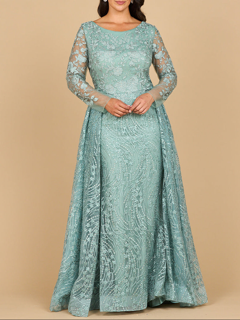 Long Sleeve Gown with Overskirt & Illusion Neckline - Glamourous Grace