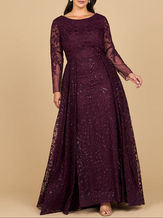 Long Sleeve Gown with Overskirt & Illusion Neckline - Glamourous Grace LLC