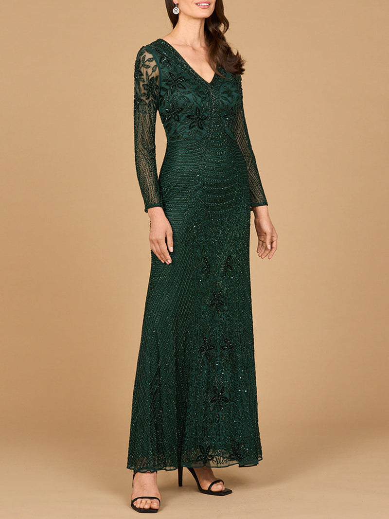 Long Sleeve Beaded Maxi Gown - Glamourous Grace