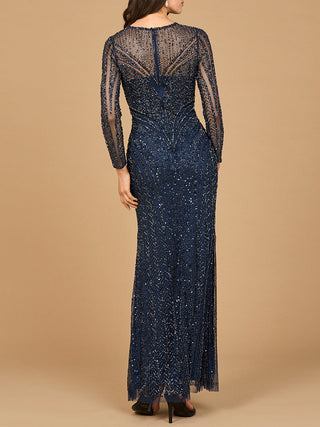 Illusion Neck, Long Sleeve Beaded Gown - Glamourous Grace