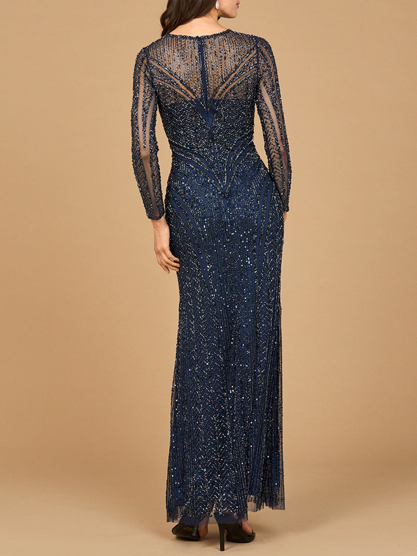 Illusion Neck, Long Sleeve Beaded Gown - Glamourous Grace