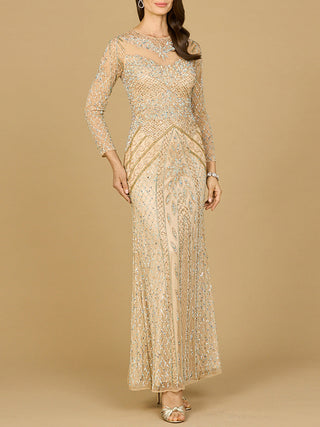 Illusion Neck, Long Sleeve Beaded Gown - Glamourous Grace