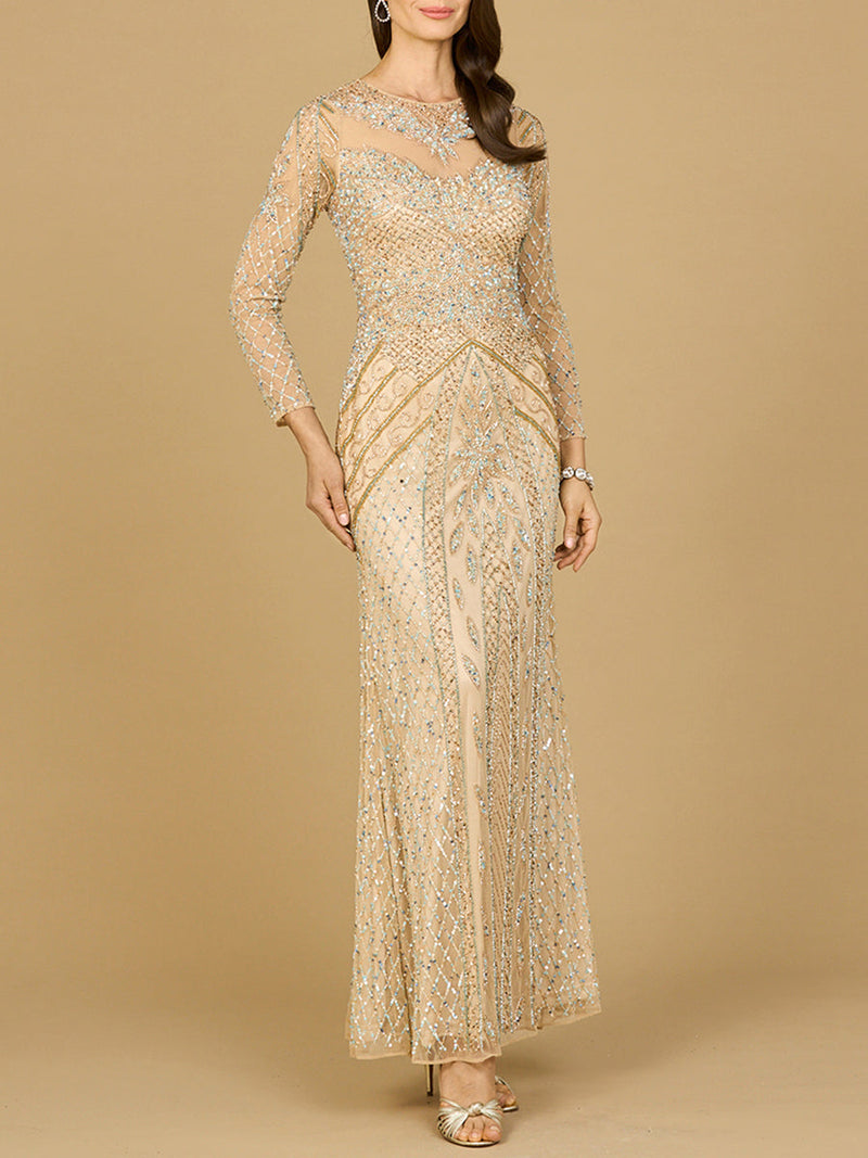 Illusion Neck, Long Sleeve Beaded Gown - Glamourous Grace