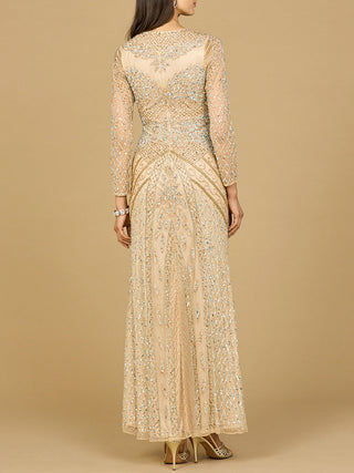 Illusion Neck, Long Sleeve Beaded Gown - Glamourous Grace