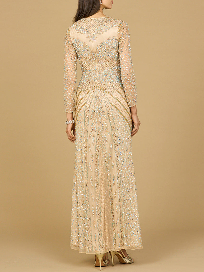 Illusion Neck, Long Sleeve Beaded Gown - Glamourous Grace