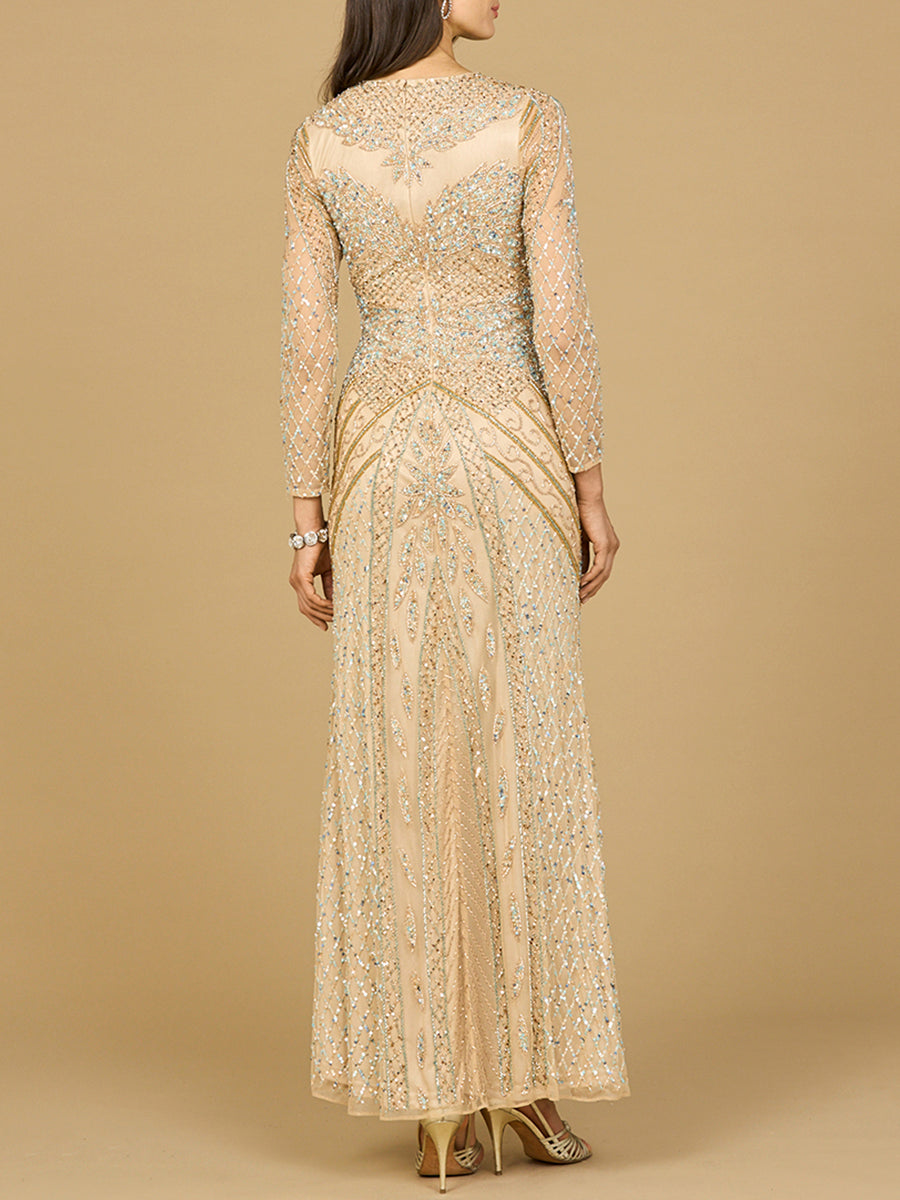 Illusion Neck, Long Sleeve Beaded Gown - Glamourous Grace