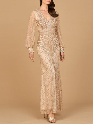V Neck Beaded Long Sleeve Maxi Dress - Glamourous Grace