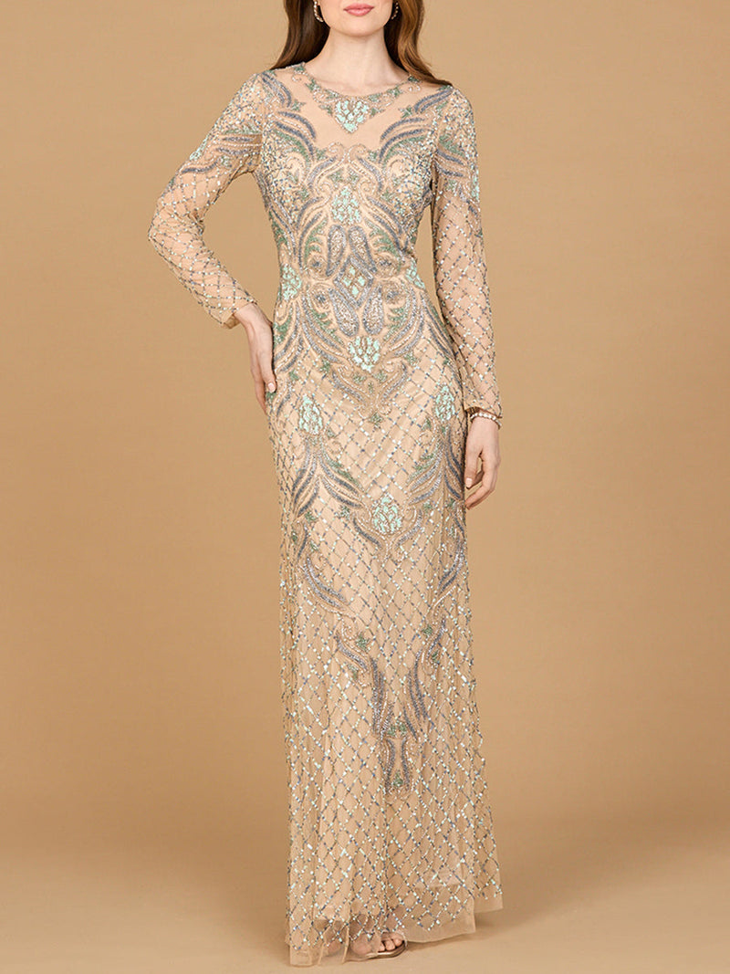 Long Sleeve Beaded Gown - Glamourous Grace