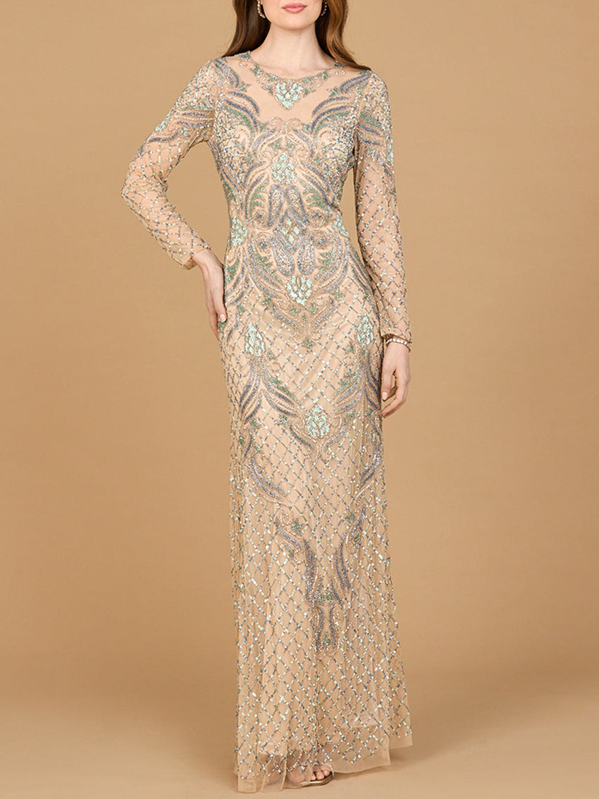 Long Sleeve Beaded Gown - Glamourous Grace