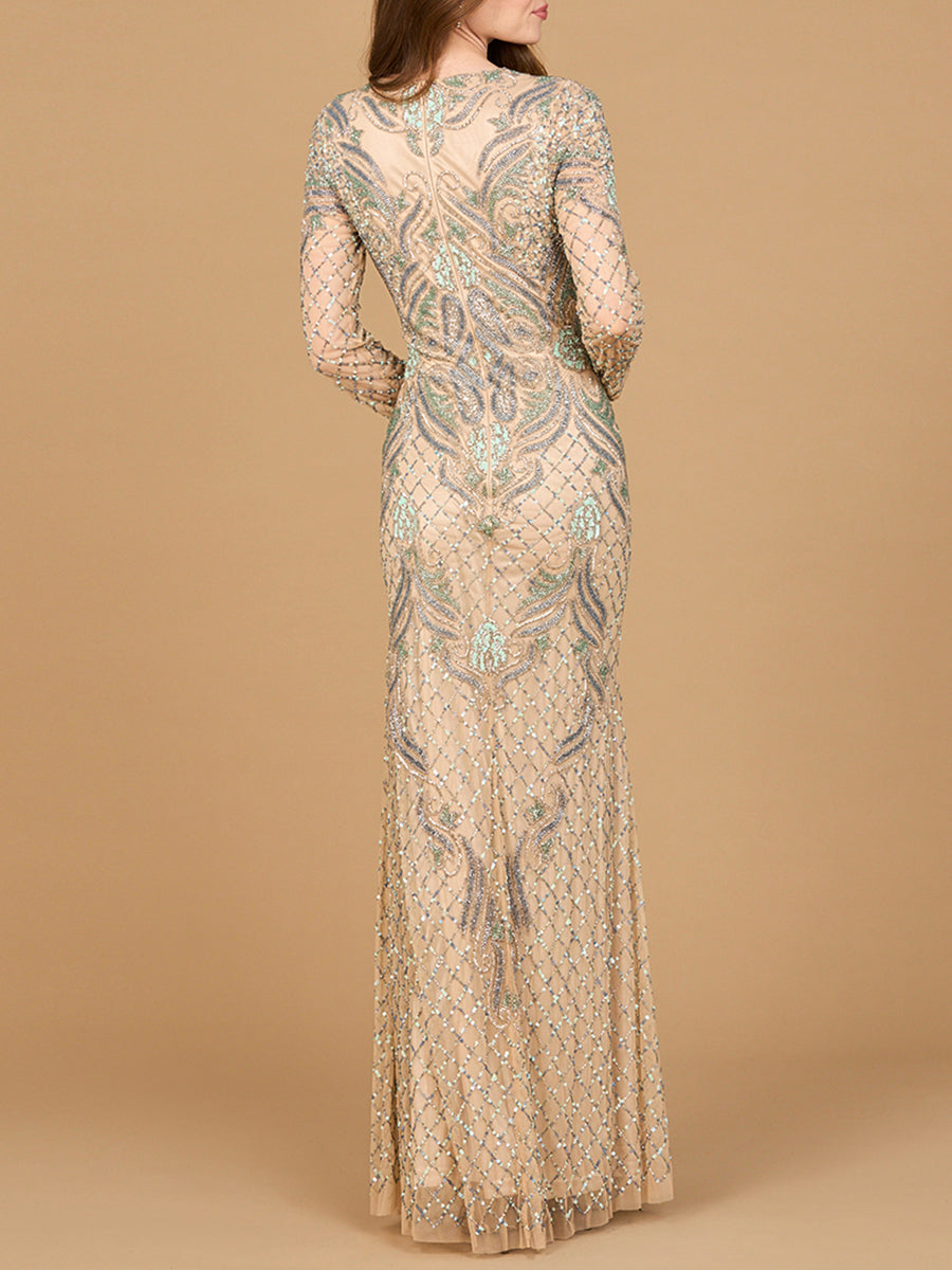 Long Sleeve Beaded Gown - Glamourous Grace