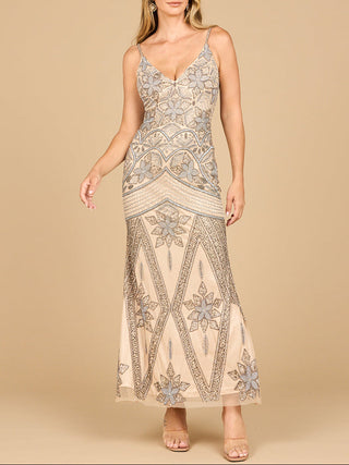 Contrast Beaded V-Neck Fitted Gown - Glamourous Grace