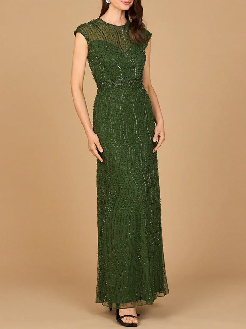 Cap Sleeve, Illusion Neck Beaded Gown - Glamourous Grace
