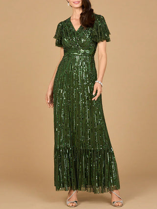 Elegant Beaded Gown with Flutter Sleeves - Glamourous Grace