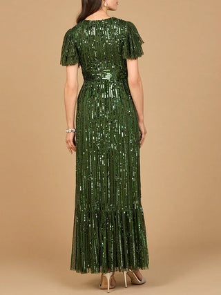 Elegant Beaded Gown with Flutter Sleeves - Glamourous Grace