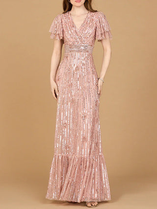 Elegant Beaded Gown with Flutter Sleeves - Glamourous Grace