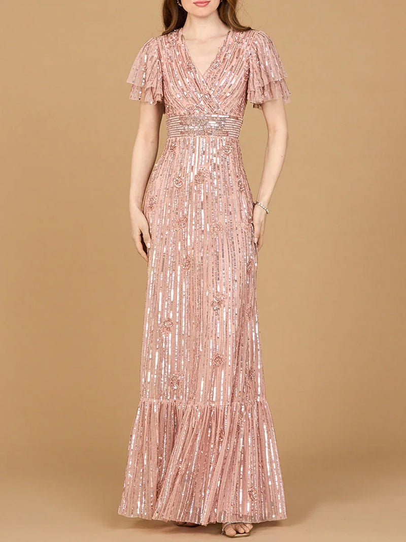 Elegant Beaded Gown with Flutter Sleeves - Glamourous Grace