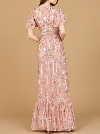 Elegant Beaded Gown with Flutter Sleeves - Glamourous Grace