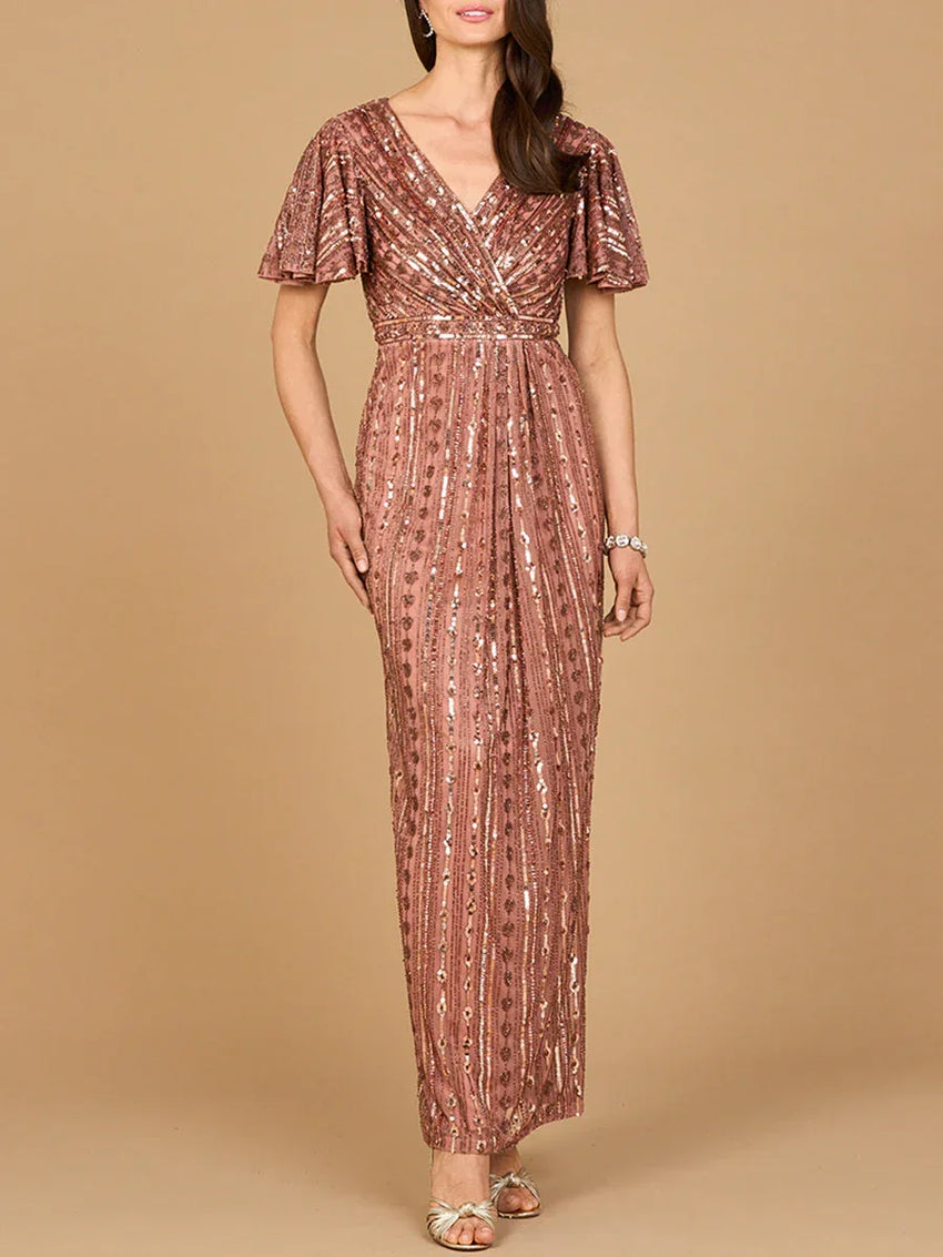 Fully Beaded Gown with Flutter Sleeves - Glamourous Grace