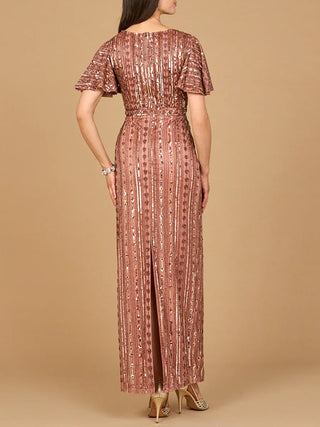 Fully Beaded Gown with Flutter Sleeves - Glamourous Grace