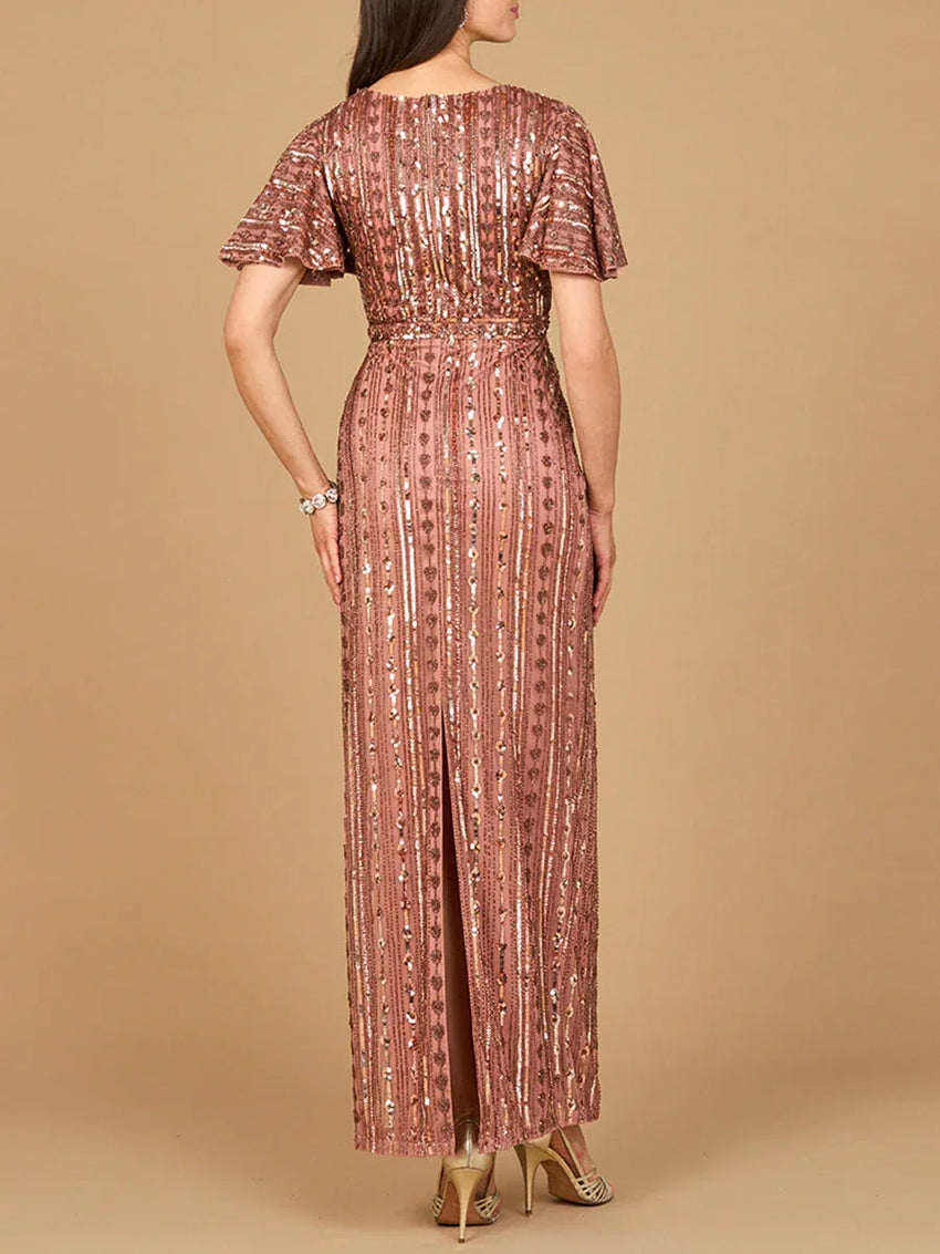 Fully Beaded Gown with Flutter Sleeves - Glamourous Grace