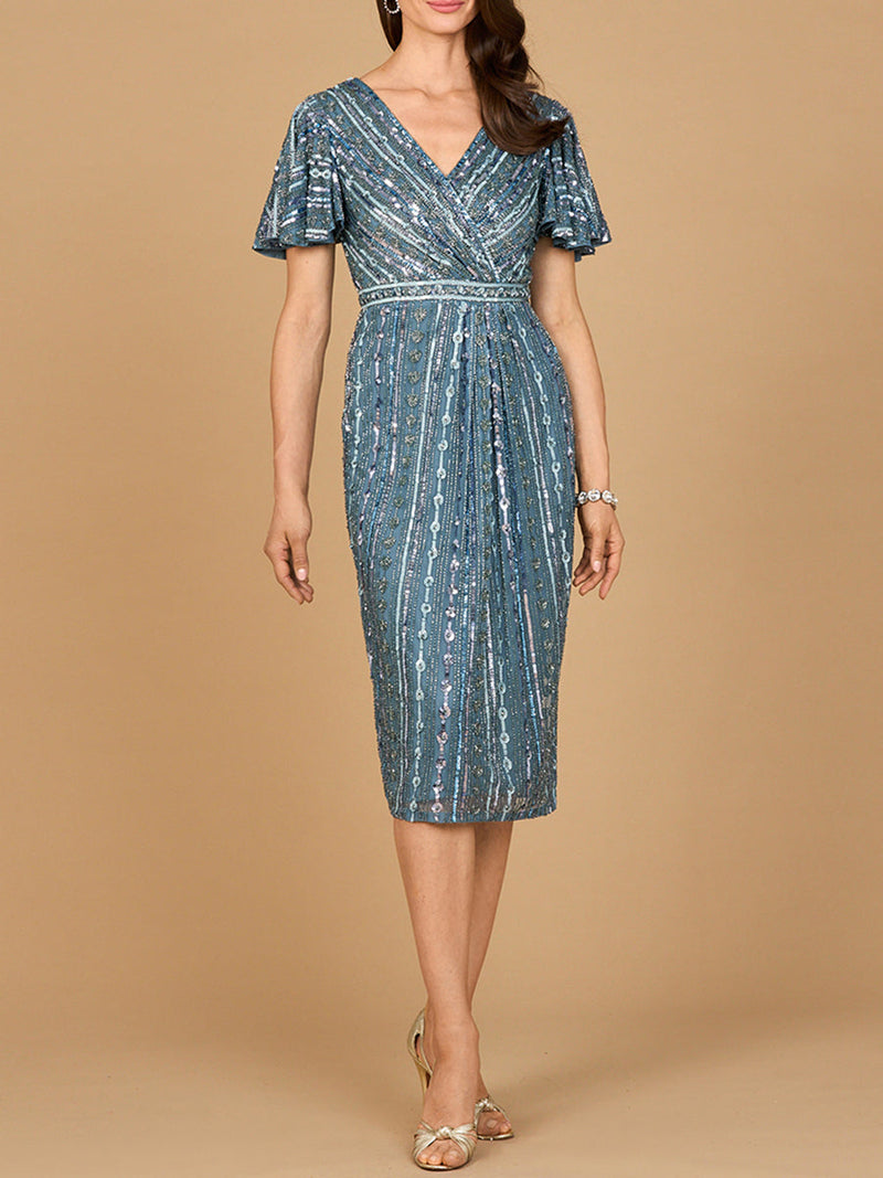 Beaded Midi Dress with Flutter Sleeves - Glamourous Grace