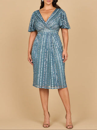 Beaded Midi Dress with Flutter Sleeves - Glamourous Grace