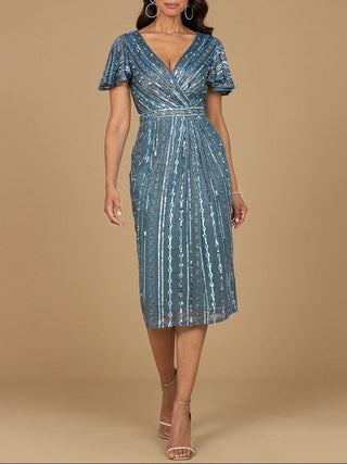 Beaded Midi Dress with Flutter Sleeves - Glamourous Grace
