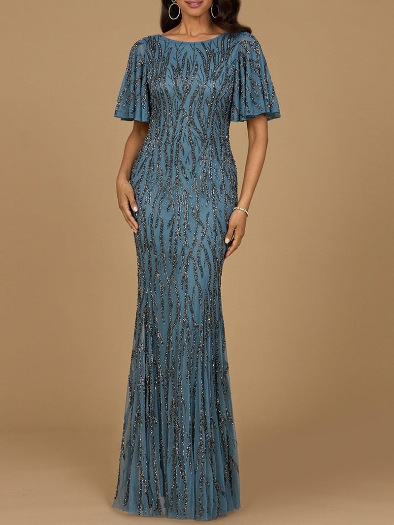 Beaded Gown with Flutter Sleeves - Glamourous Grace