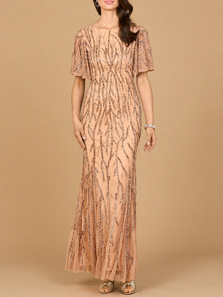 Beaded Gown with Flutter Sleeves - Glamourous Grace