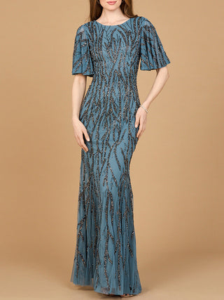 Beaded Gown with Flutter Sleeves - Glamourous Grace