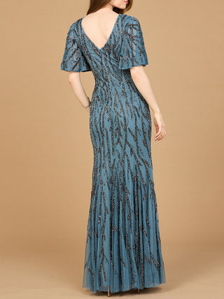 Beaded Gown with Flutter Sleeves - Glamourous Grace