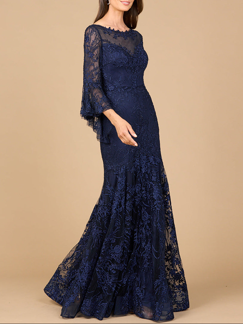 Illusion Neck, Long Bell Sleeve Gown - Glamourous Grace