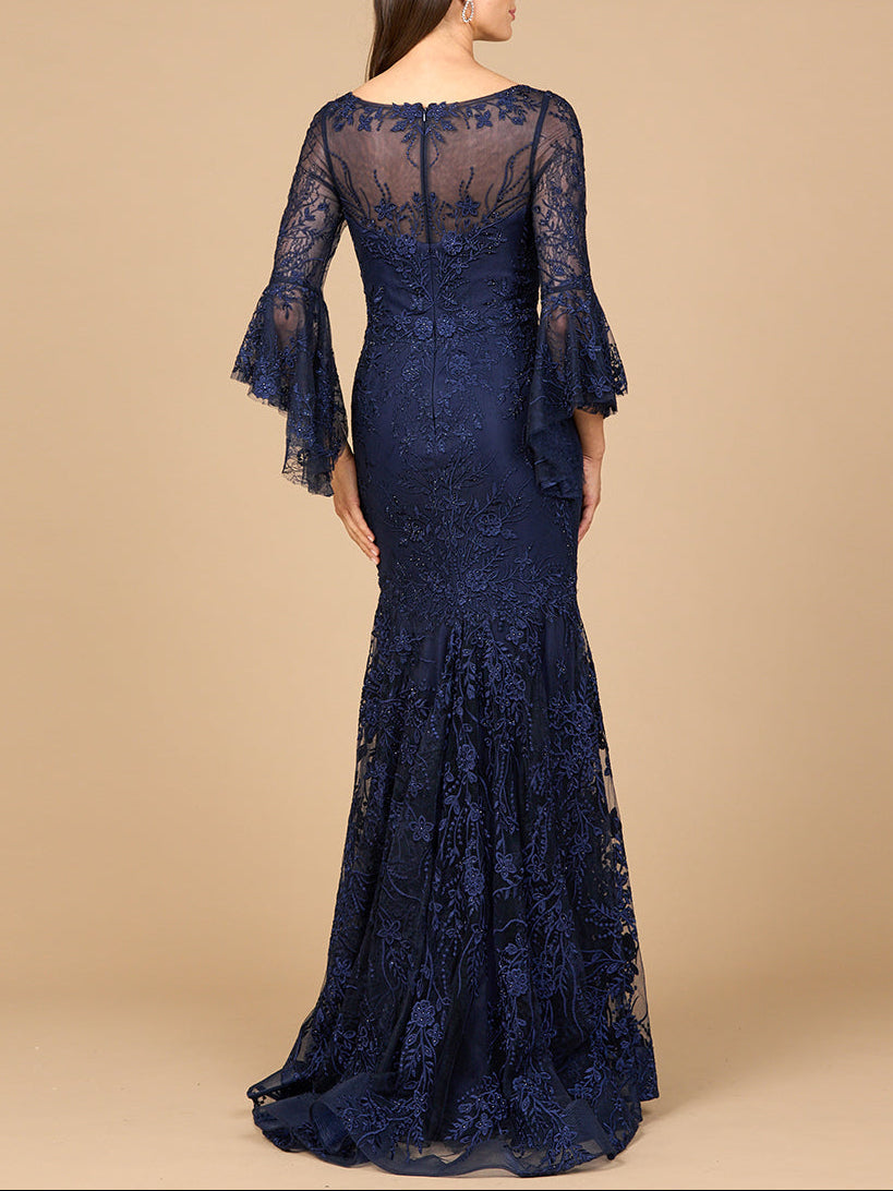 Illusion Neck, Long Bell Sleeve Gown - Glamourous Grace