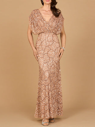 Beaded Gown with Draped Cape Sleeves - Glamourous Grace