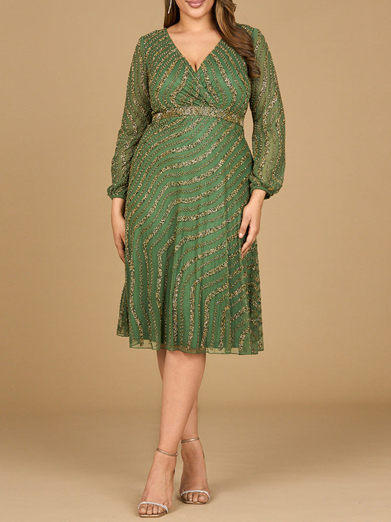 Beaded Midi Dress with Long Sleeves - Glamourous Grace