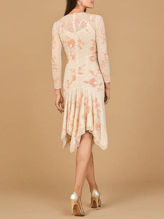 Beaded Midi Dress with Asymmetrical Hem - Glamourous Grace