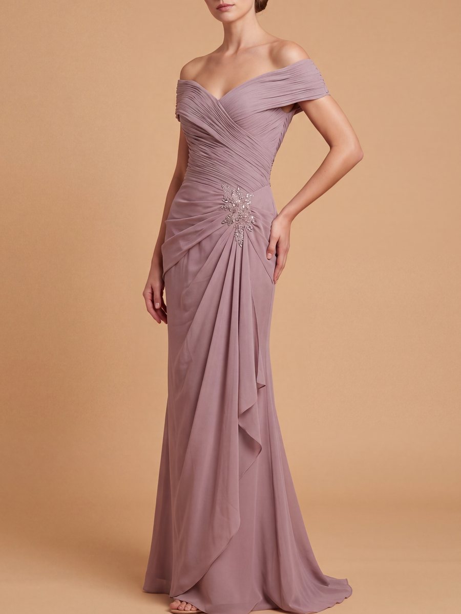 Off Shoulder Elegant Chiffon Gown - Glamourous Grace