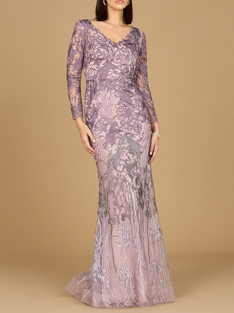 Long Sleeve V-Neck Mermaid Gown - Glamourous Grace