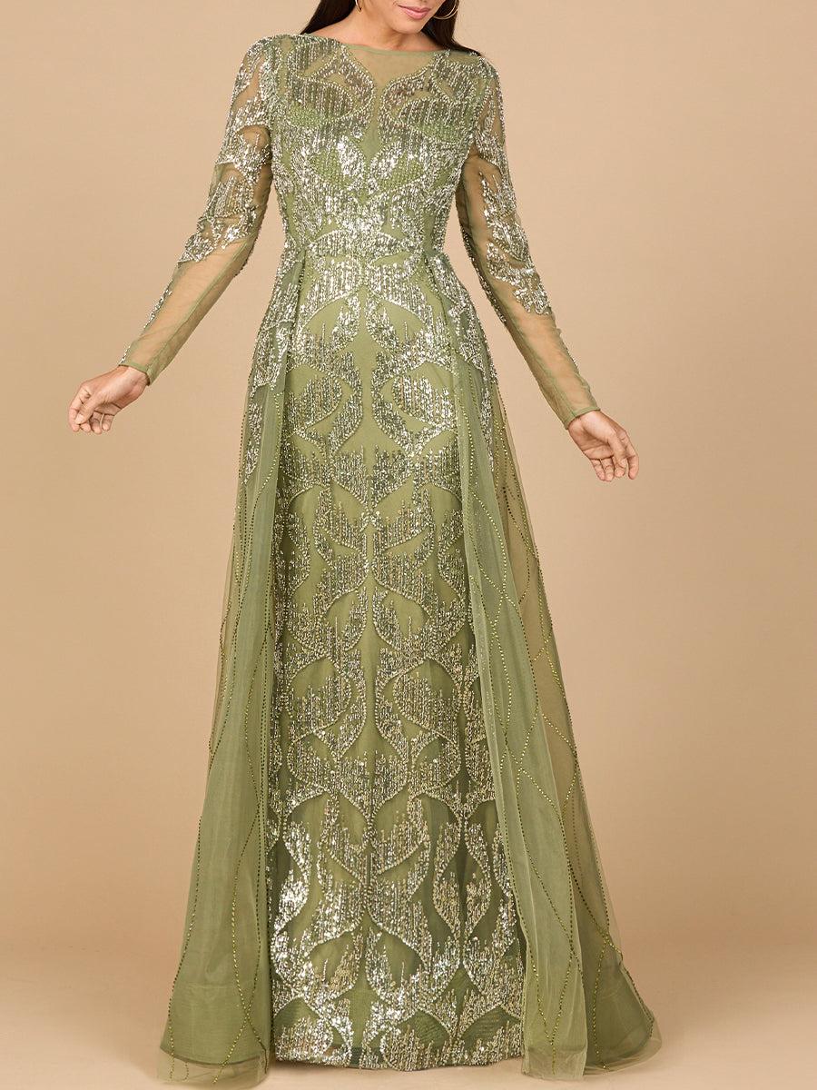 Long Sleeve Gown with Overskirt & High Neck - Glamourous Grace