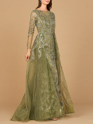 Long Sleeve Gown with Overskirt & High Neck - Glamourous Grace
