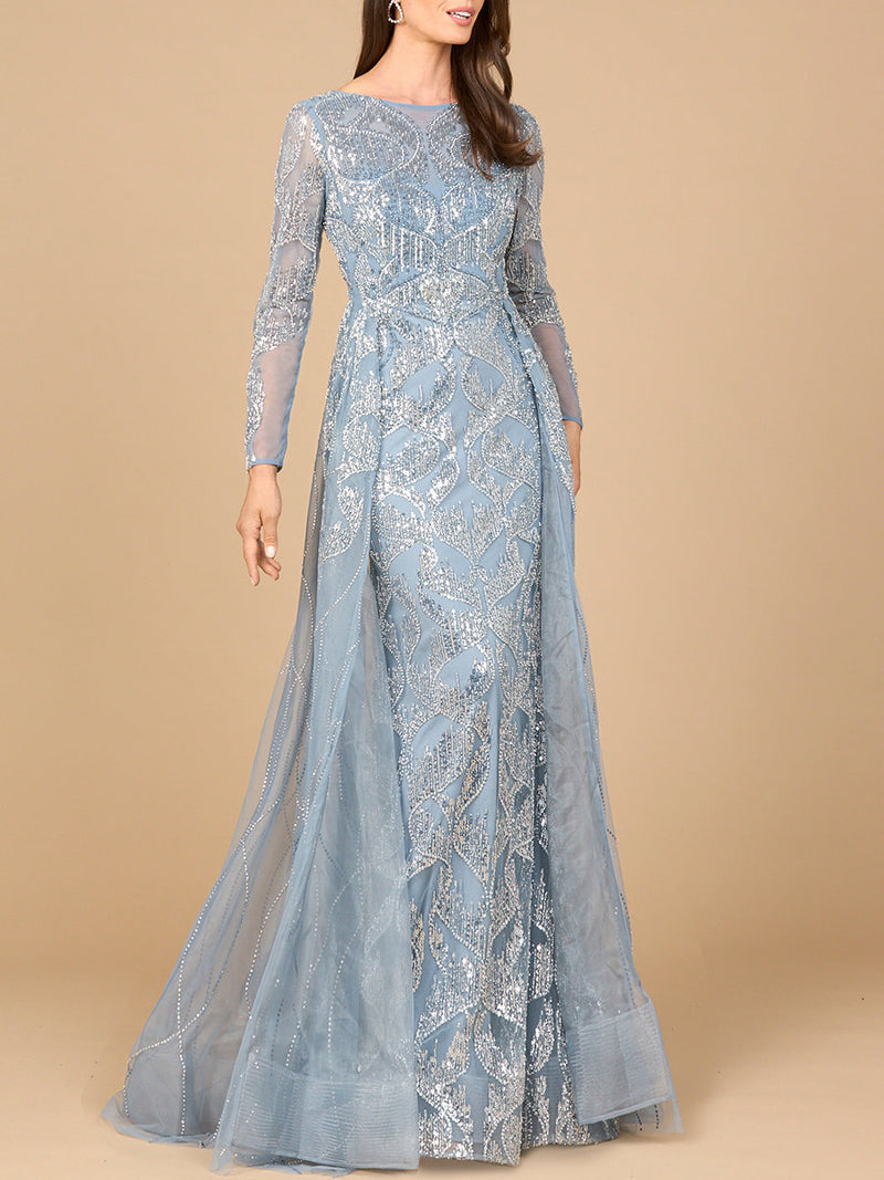 Long Sleeve Gown with Overskirt & High Neck - Glamourous Grace