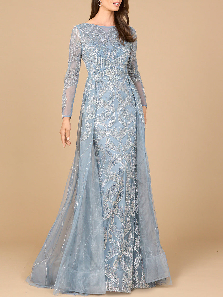 Long Sleeve Gown with Overskirt & High Neck - Glamourous Grace
