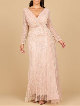 Long Sleeve V-Neck Gown with Drape - Glamourous Grace