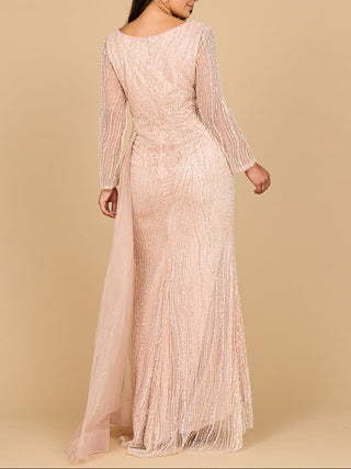 Long Sleeve V-Neck Gown with Drape - Glamourous Grace