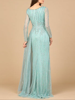 Long Sleeve V-Neck Gown with Drape - Glamourous Grace