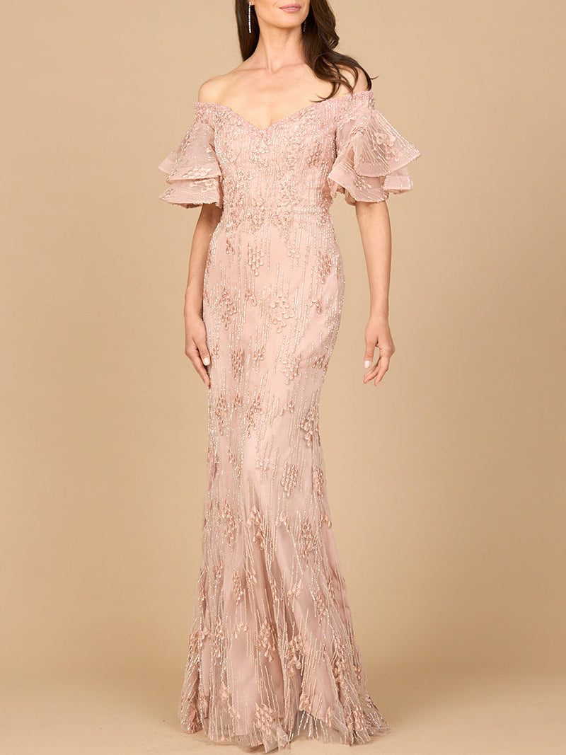 Off Shoulder Mermaid Gown with Tiered Sleeves - Glamourous Grace
